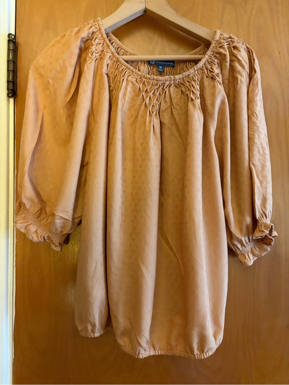 Democracy Relaxed Smocked Neck Blouse - mustard yellow with elastic waist band.